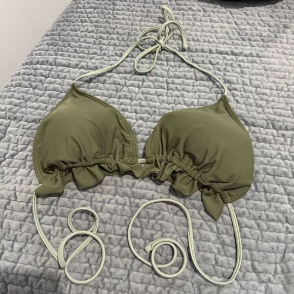 ABERCROMBIE & FITCH OLIVE GREEN RUFFLE STRING BIKINI TOP – SIZE XL - Picture 11 of 15